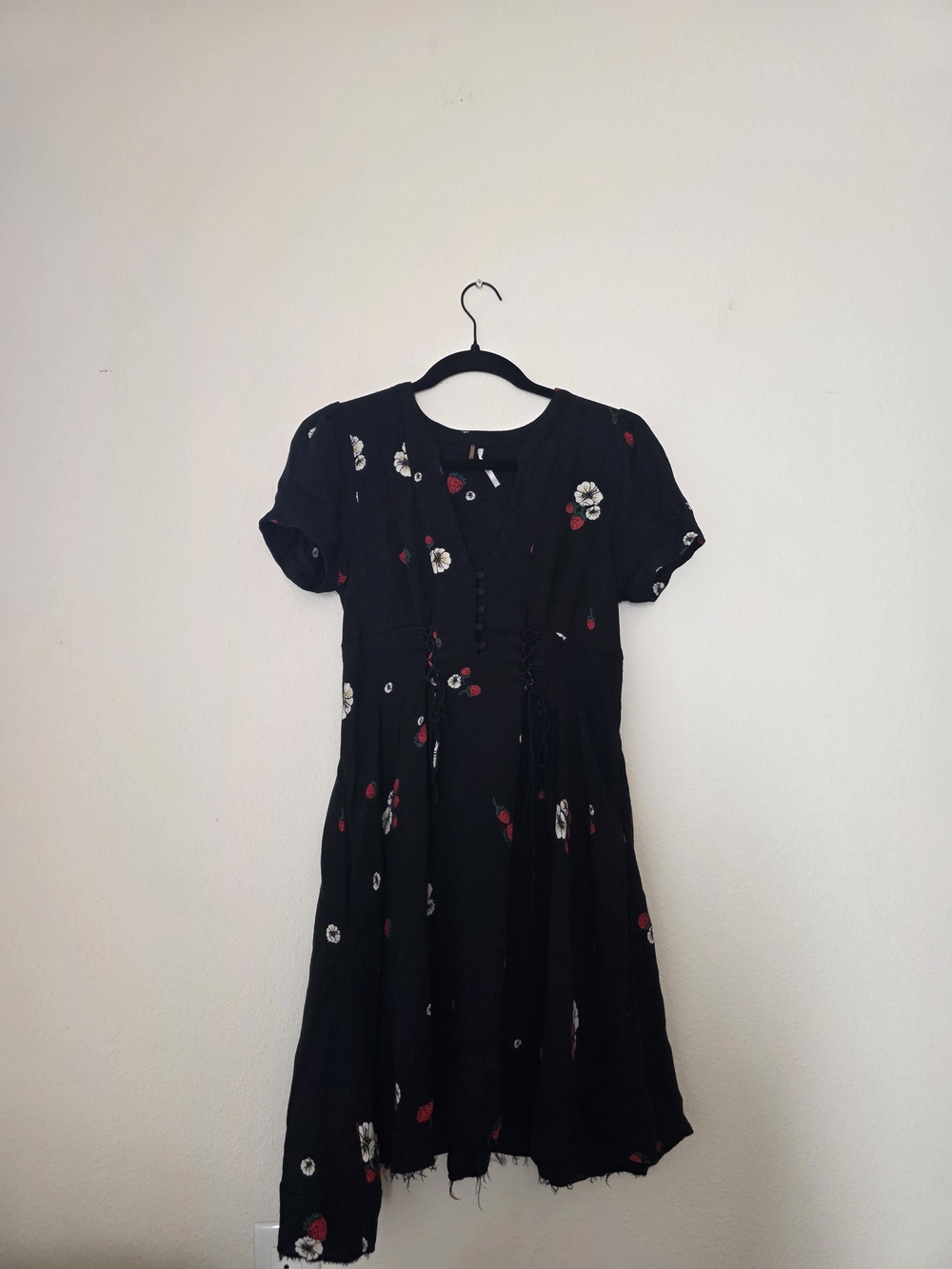 Free People Black Midi Dress with White and Red Floral Print